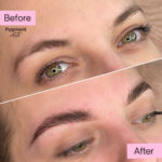 before and after shot of a woman with beautiful brows made with powderbrows technique in Pygmentarte amsterdam