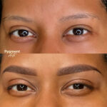 before and after shot of a woman with beautiful brows made with powderbrows technique in Pygmentarte amsterdam